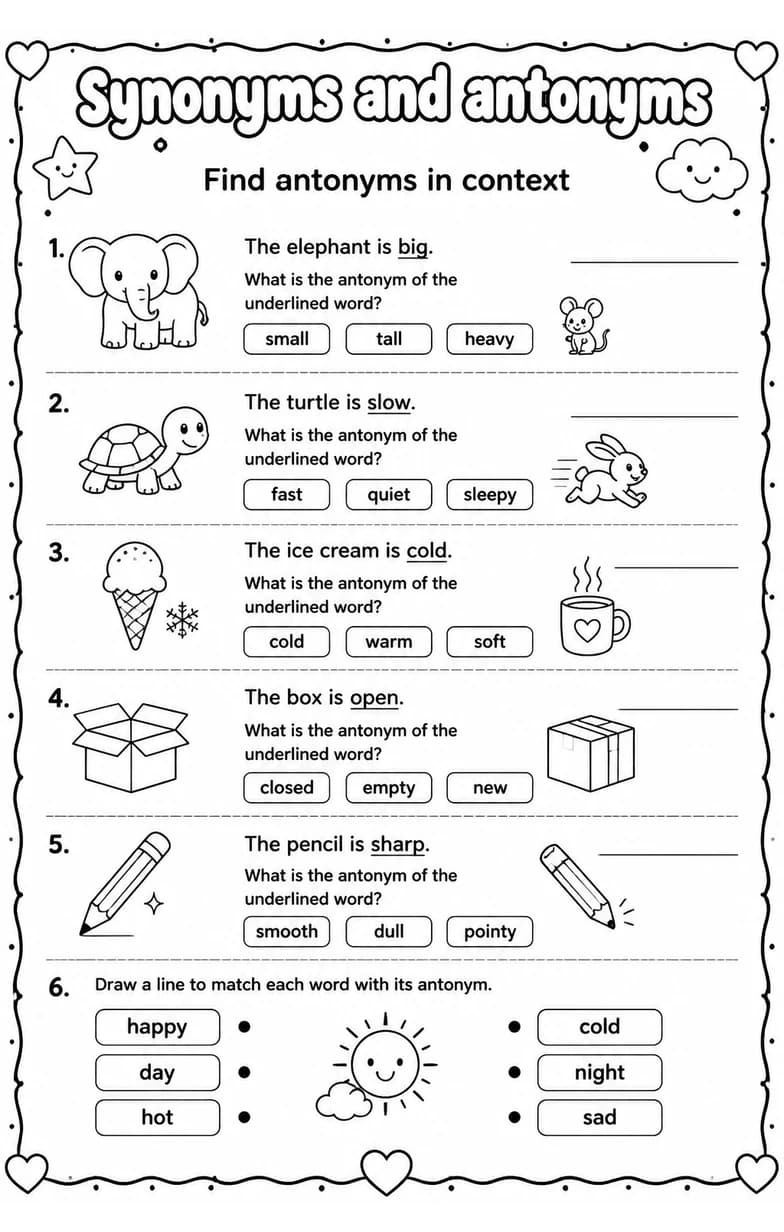 Find antonyms in context — free printable Grade 2 English & Reading worksheet