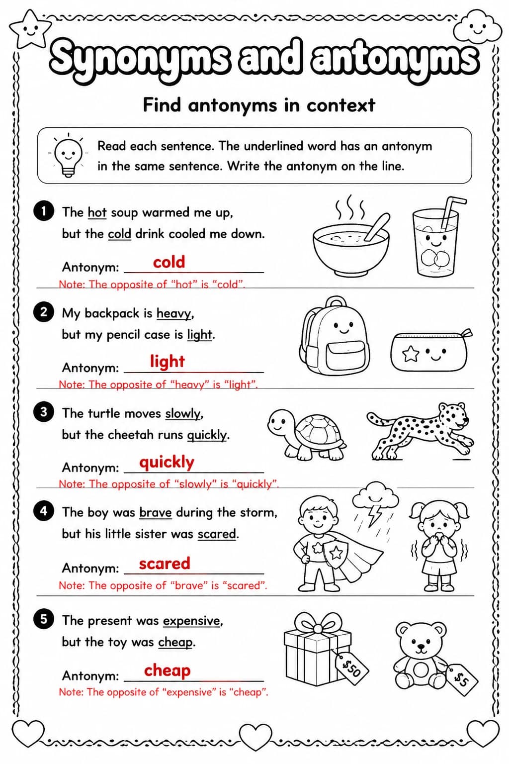 Answer key for Find antonyms in context — free printable English & Reading worksheet