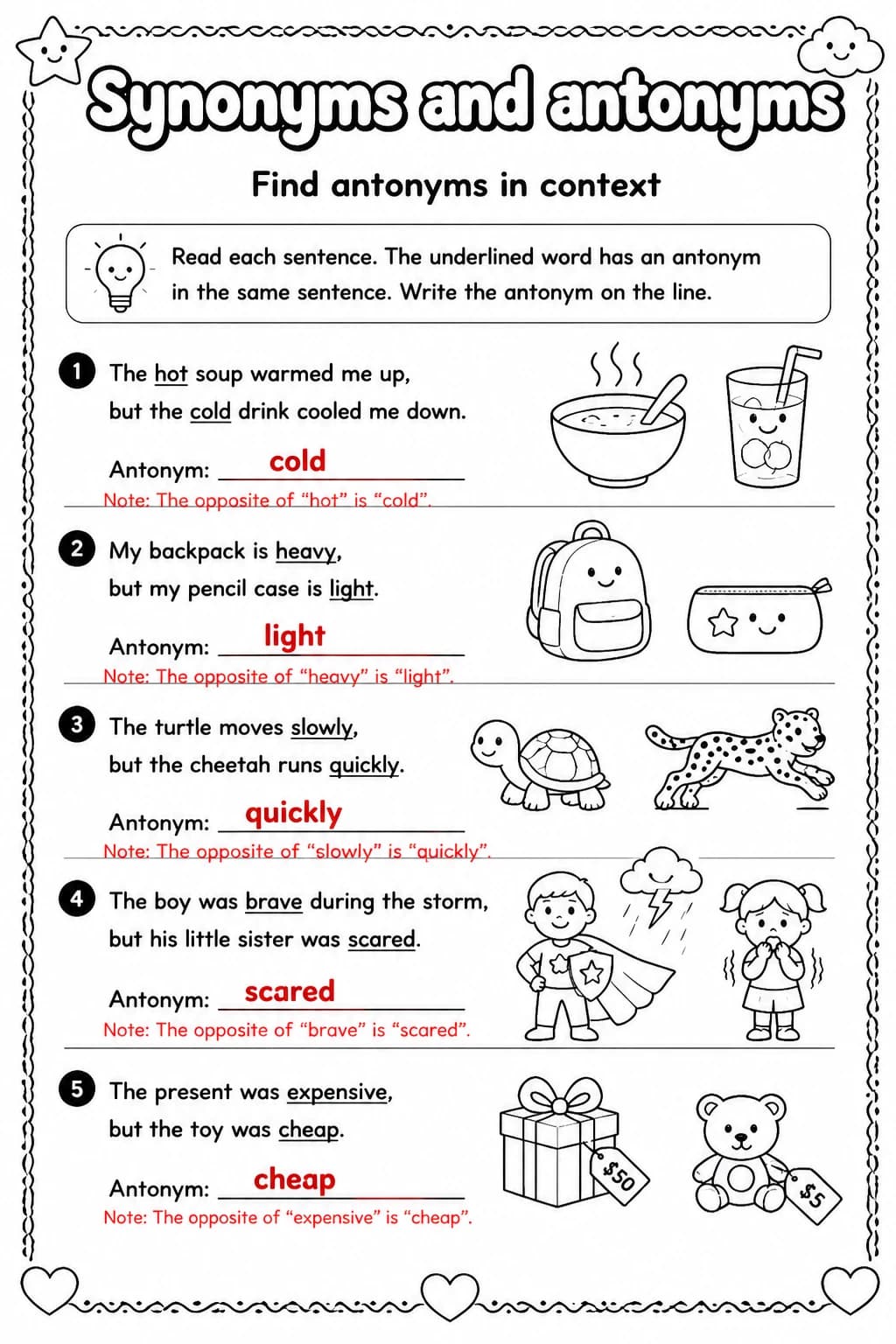 Answer key for Find antonyms in context — free printable English & Reading worksheet