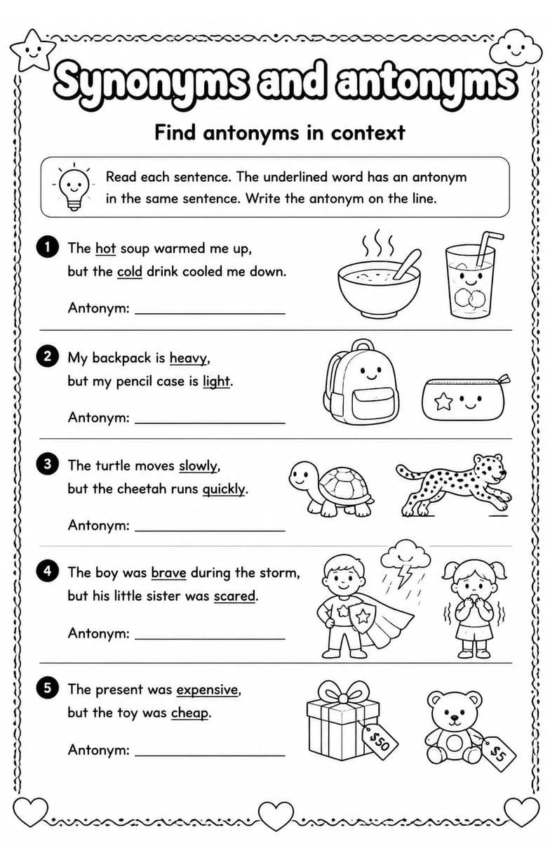 Find antonyms in context — free printable Grade 3 English & Reading worksheet