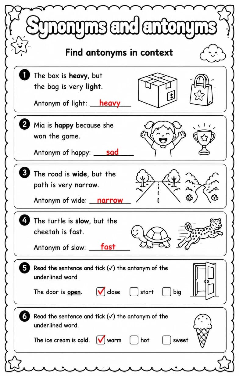 Answer key for Find antonyms in context — free printable English & Reading worksheet