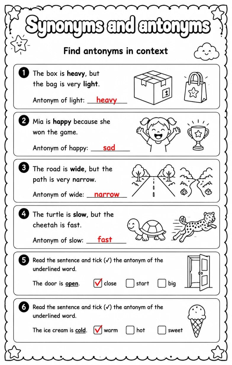 Answer key for Find antonyms in context — free printable English & Reading worksheet
