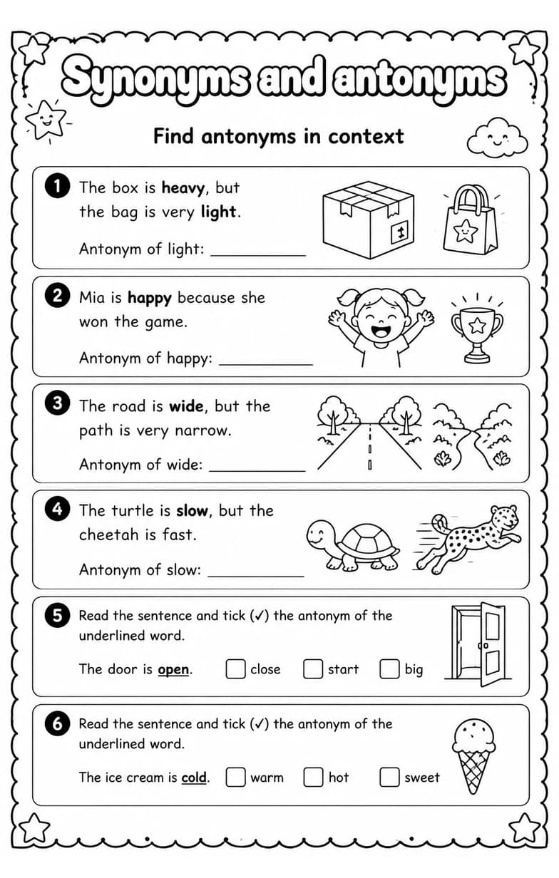 Find antonyms in context — free printable Grade 4 English & Reading worksheet
