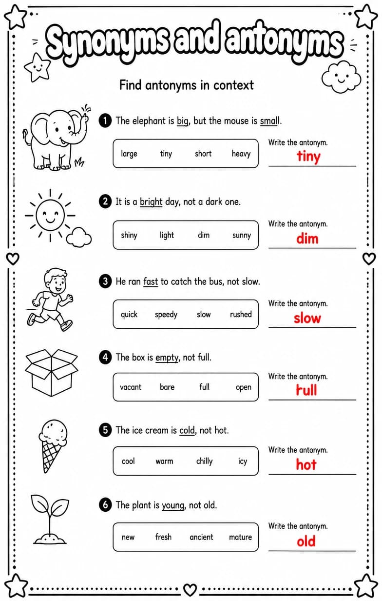 Answer key for Find antonyms in context — free printable English & Reading worksheet