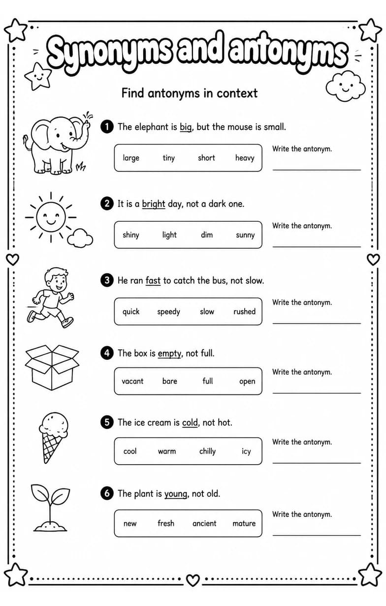 Find antonyms in context — free printable Vocabulary English worksheet