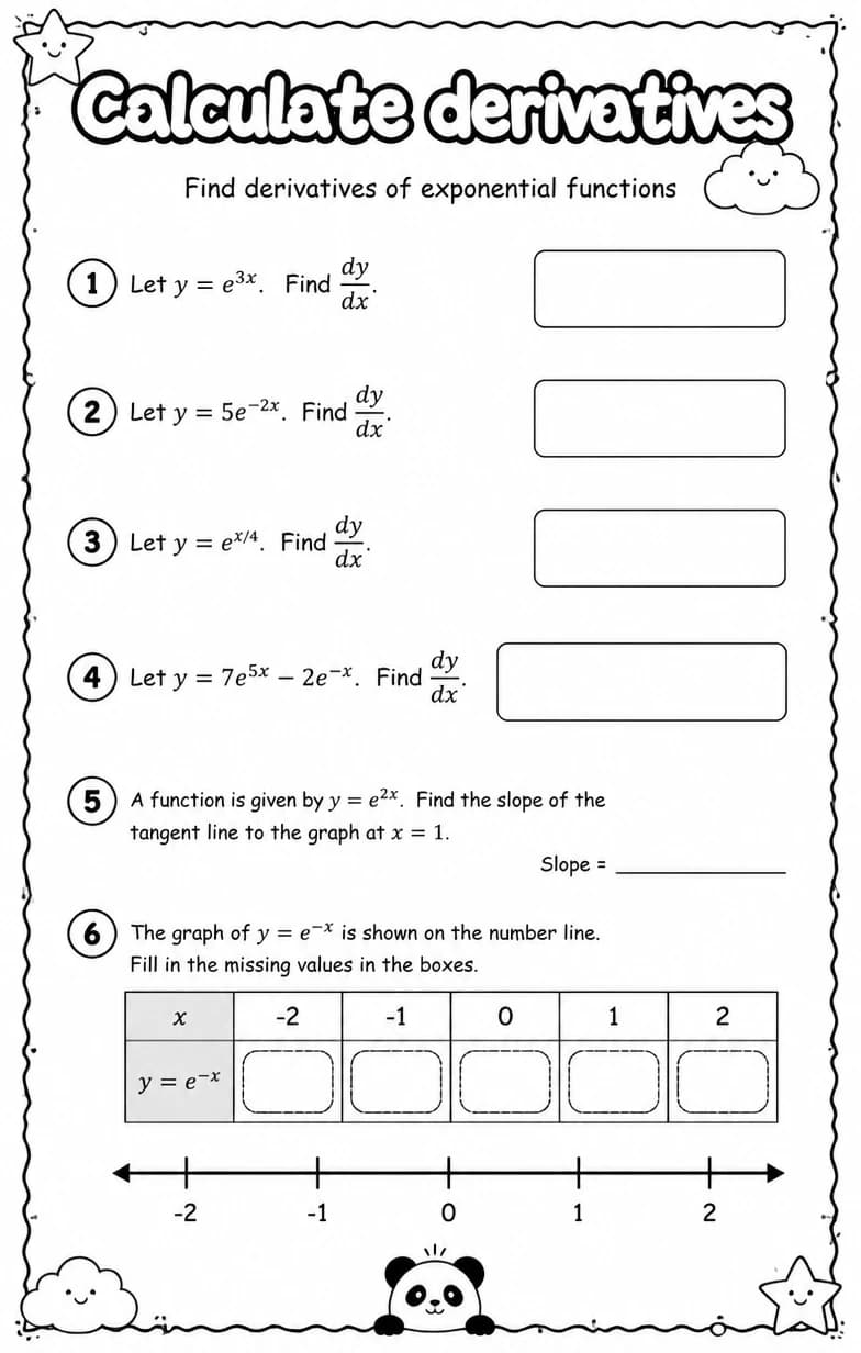 Find derivatives of exponential functions — free printable Calculus math worksheet