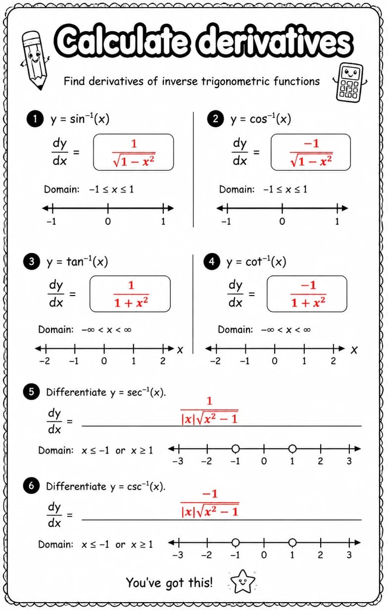 Answer key for Find derivatives of inverse trigonometric functions — free printable Math worksheet