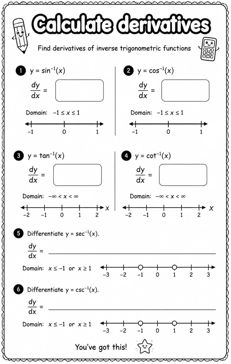 Find derivatives of inverse trigonometric functions — free printable Calculus math worksheet