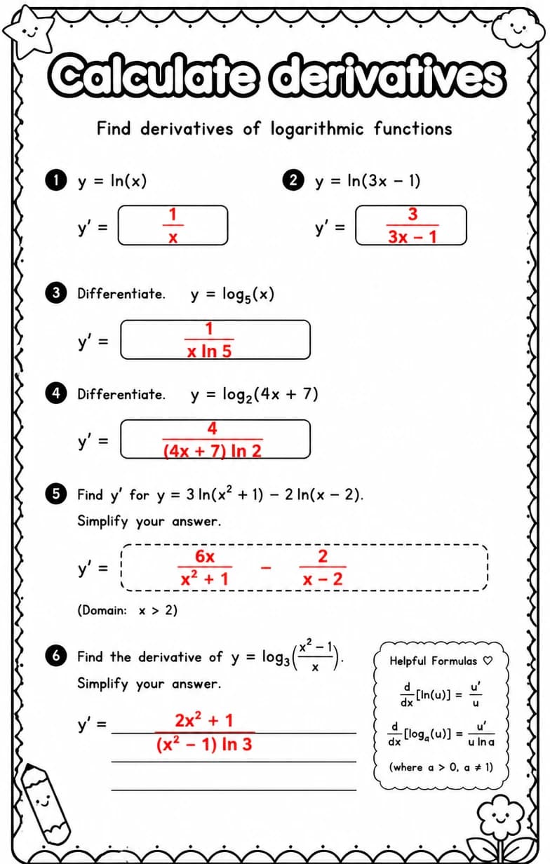 Answer key for Find derivatives of logarithmic functions — free printable Math worksheet