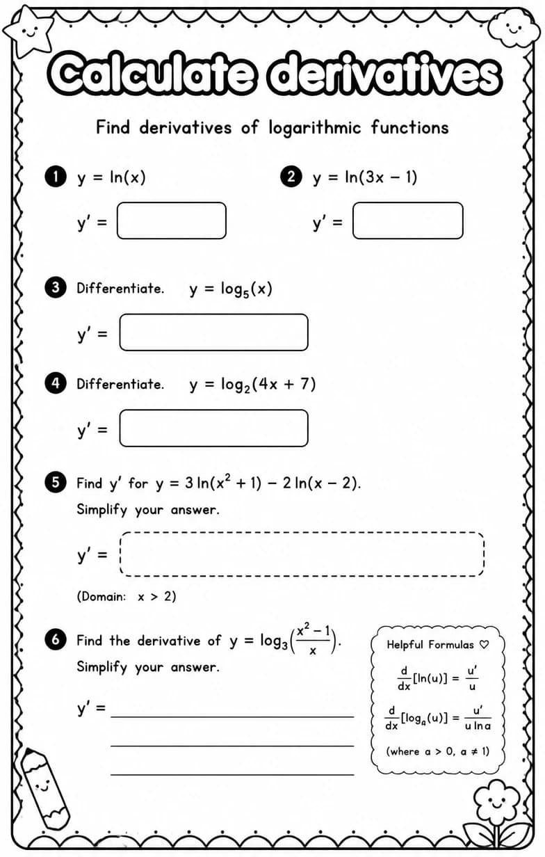 Find derivatives of logarithmic functions — free printable High School Math worksheet