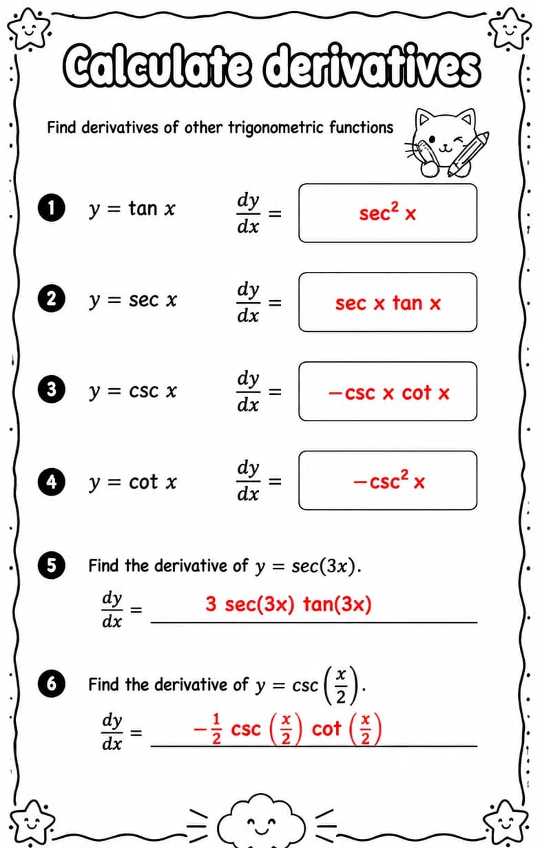 Answer key for Find derivatives of other trigonometric functions — free printable Math worksheet