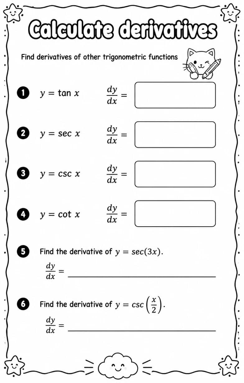 Find derivatives of other trigonometric functions — free printable Calculus math worksheet