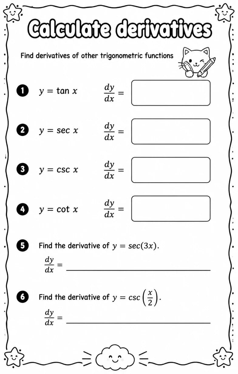 Find derivatives of other trigonometric functions — free printable Calculus math worksheet