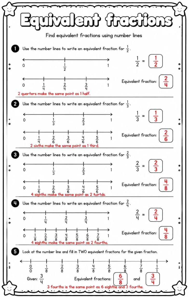 Answer key for Find equivalent fractions using number lines — free printable Math worksheet