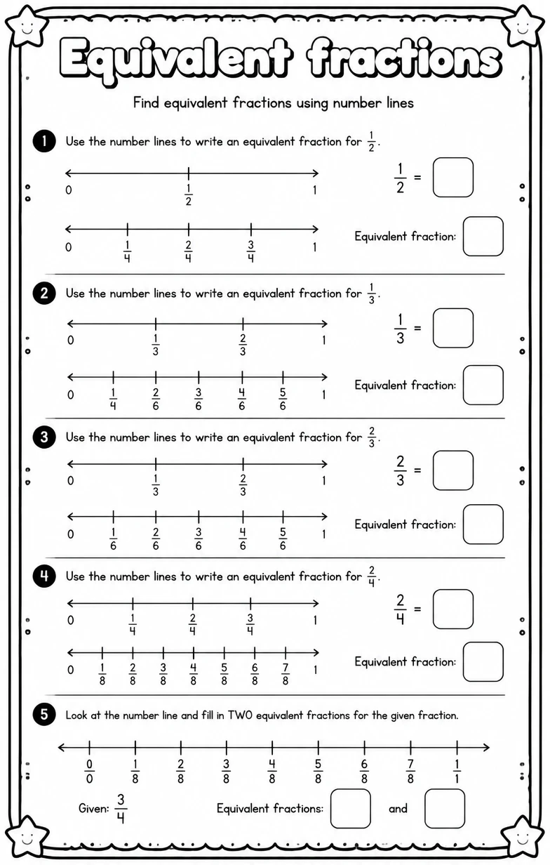 Find equivalent fractions using number lines — free printable Grade 3 math worksheet