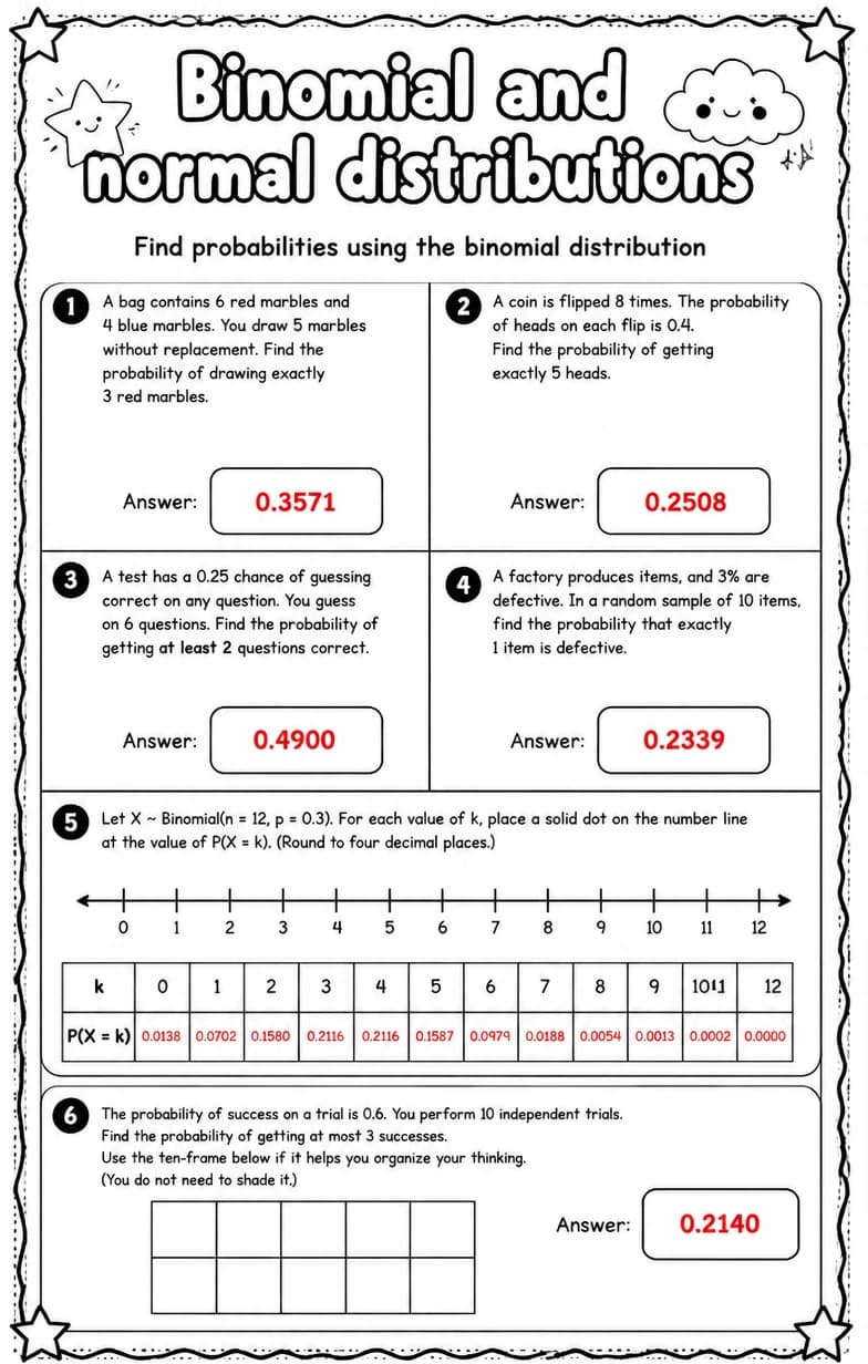 Answer key for Find probabilities using the binomial distribution — free printable Math worksheet