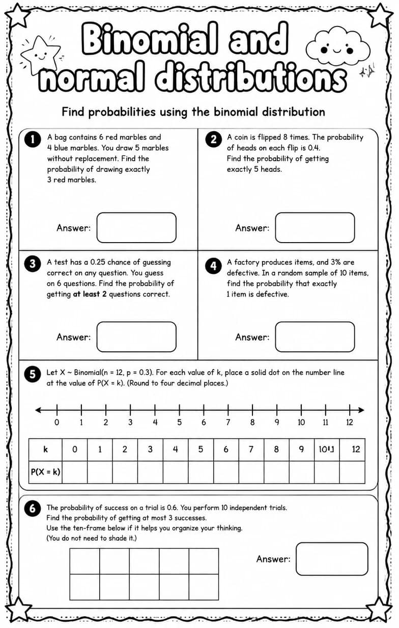 Find probabilities using the binomial distribution — free printable Algebra 2 math worksheet