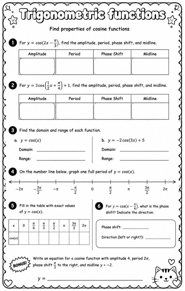 Find properties of cosine functions — free printable Algebra 2 math worksheet