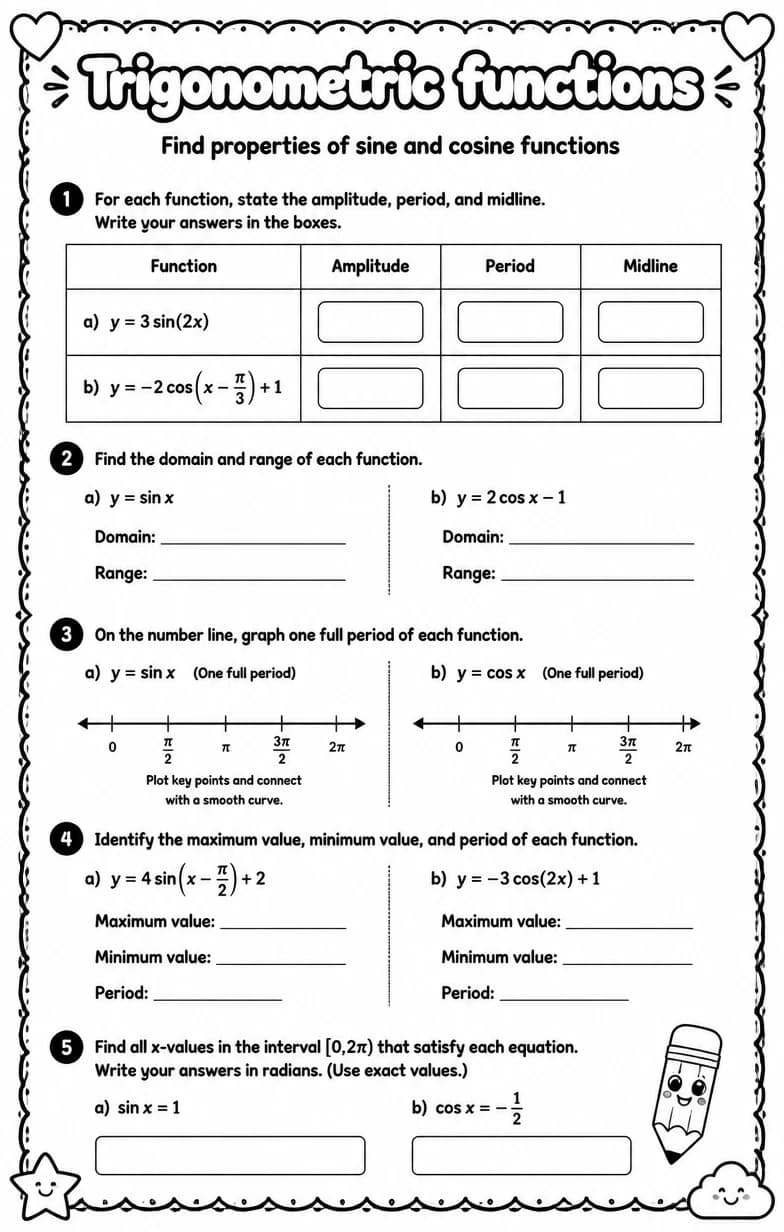 Find properties of sine and cosine functions — free printable Algebra 2 math worksheet