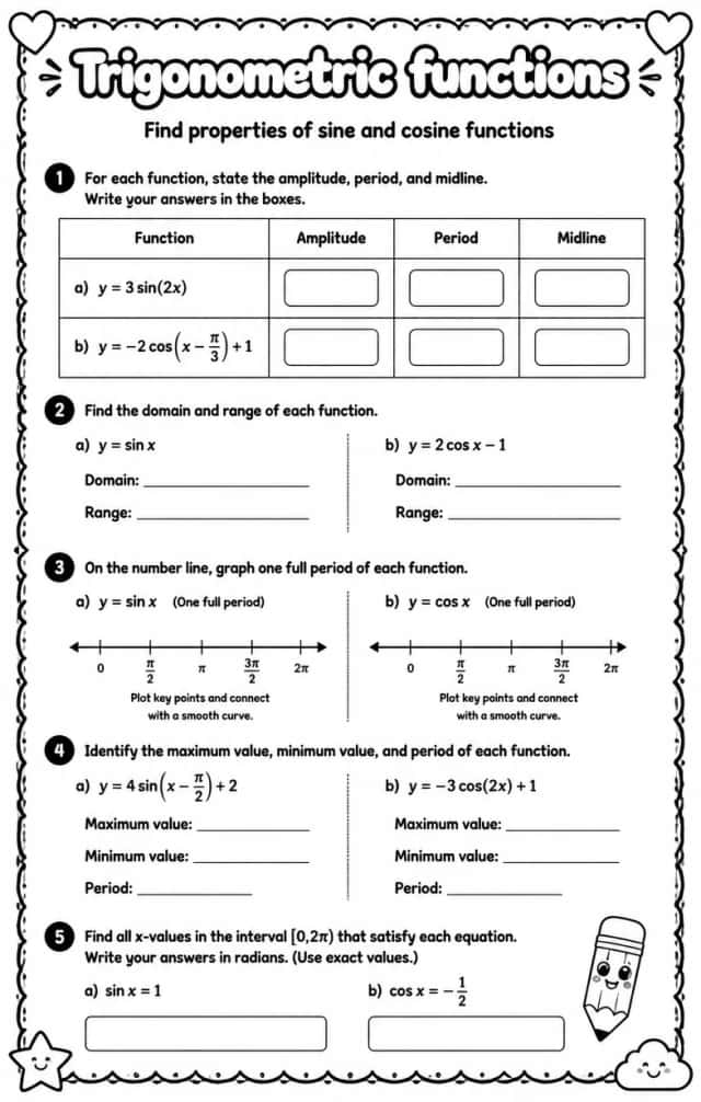 Find properties of sine and cosine functions