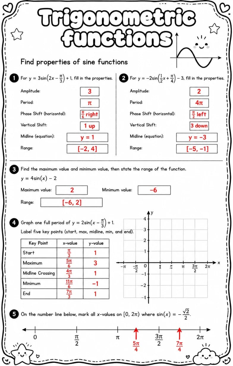 Answer key for Find properties of sine functions — free printable Math worksheet