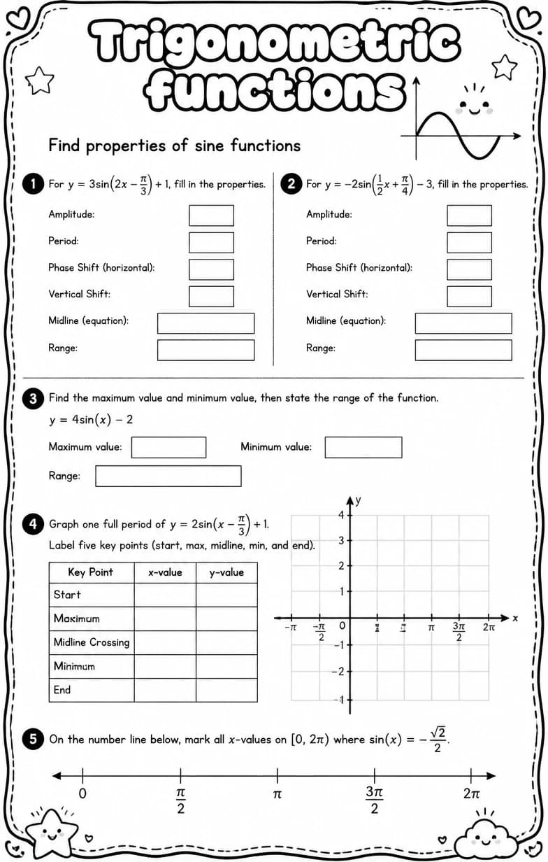 Find properties of sine functions — free printable Algebra 2 math worksheet