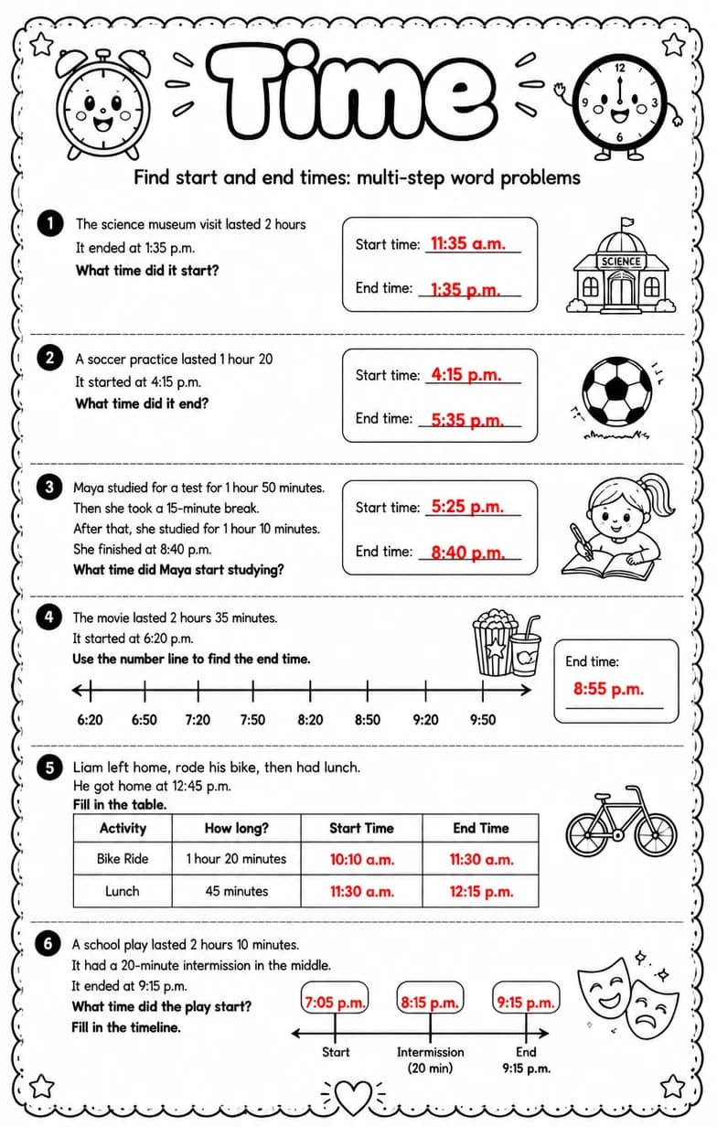 Answer key for Find start and end times: multi-step word problems — free printable Math worksheet