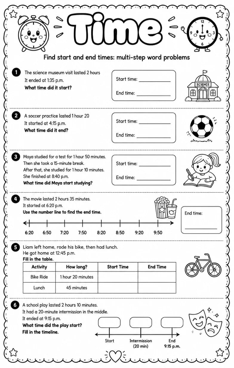 Find start and end times: multi-step word problems — free printable Grade 4 math worksheet