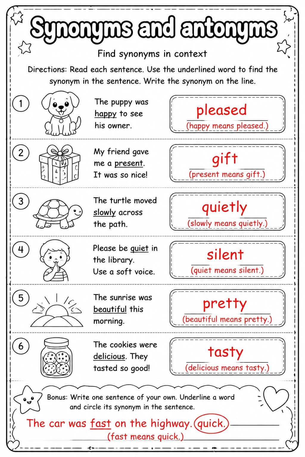 Answer key for Find synonyms in context — free printable English & Reading worksheet