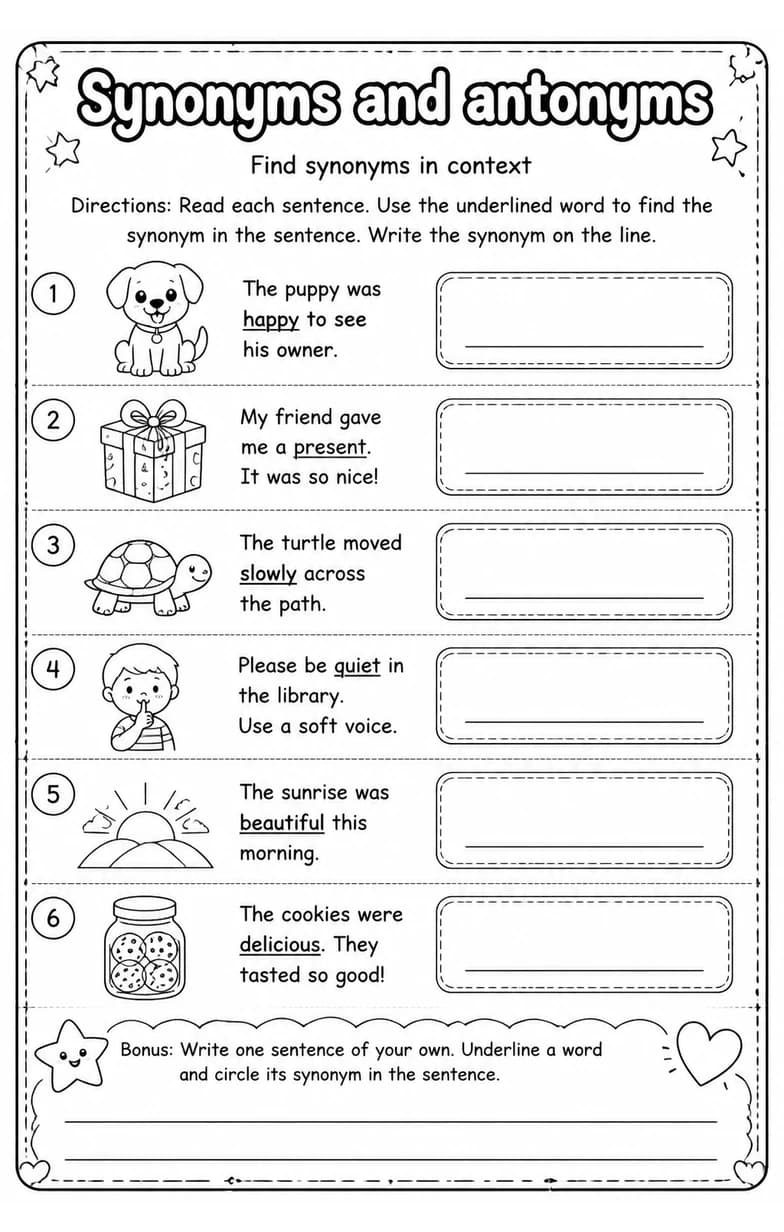 Find synonyms in context — free printable Grade 2 English & Reading worksheet