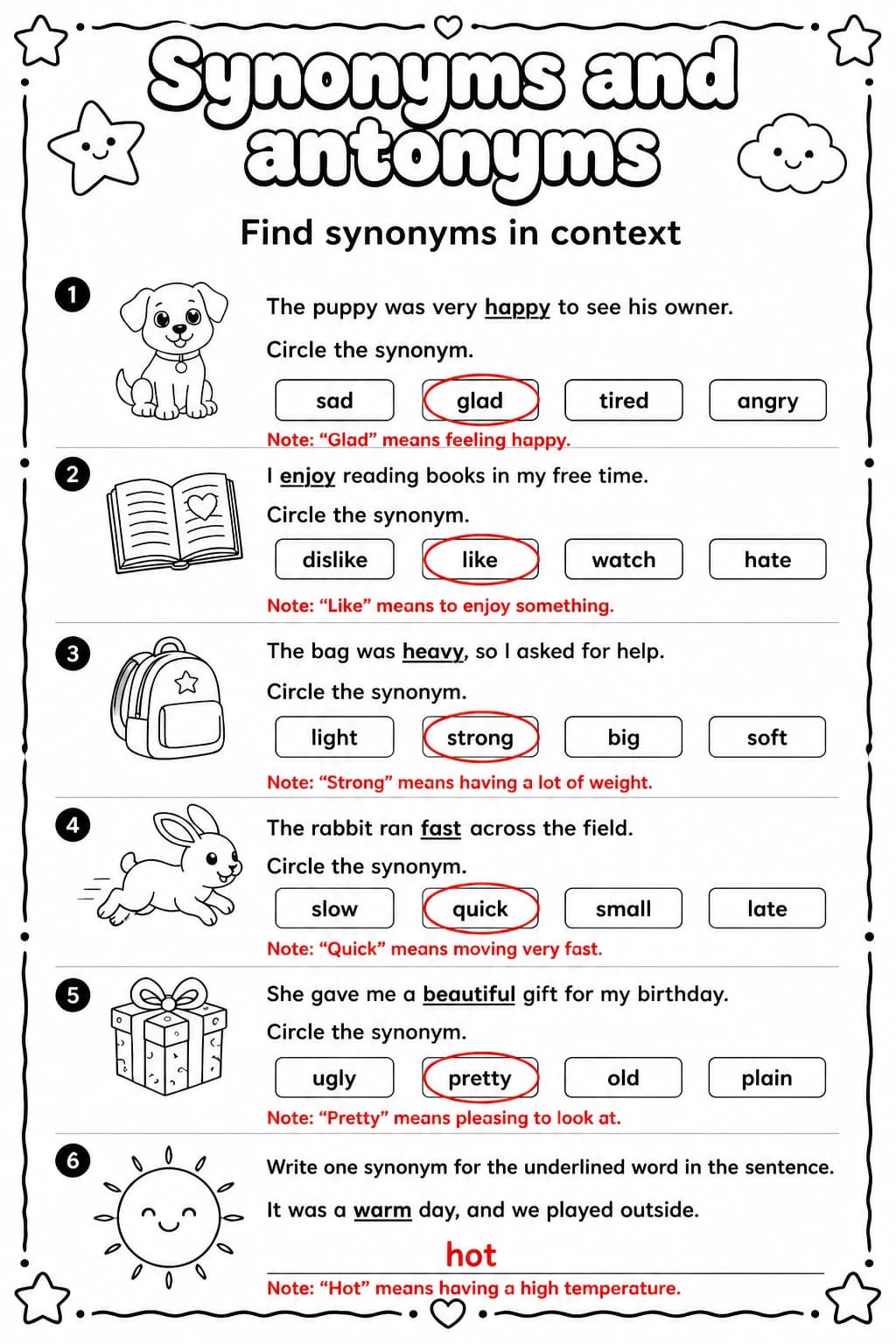 Answer key for Find synonyms in context — free printable English & Reading worksheet