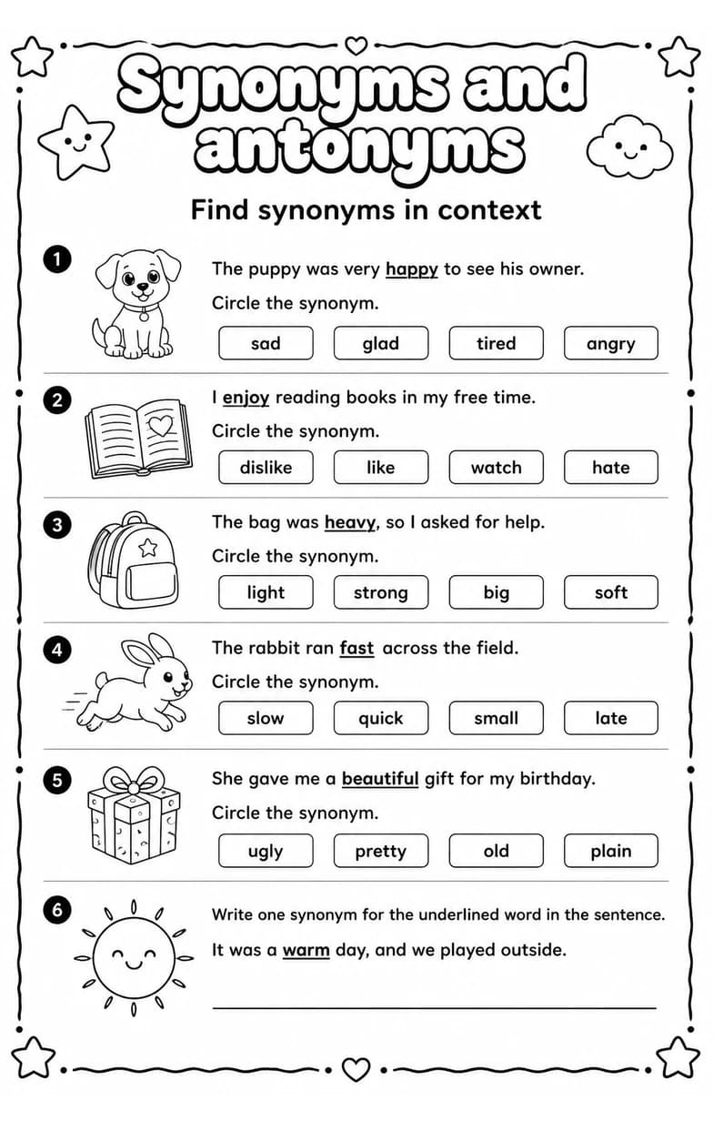 Find synonyms in context — free printable Vocabulary English worksheet
