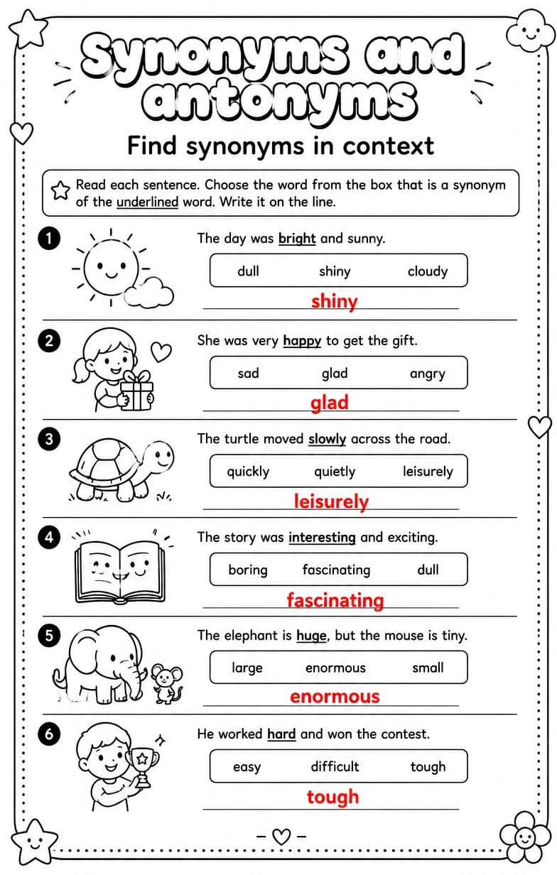 Answer key for Find synonyms in context — free printable English & Reading worksheet
