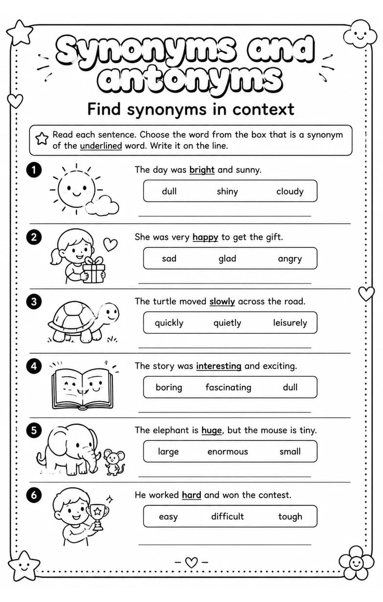 Find synonyms in context — free printable Grade 4 English & Reading worksheet