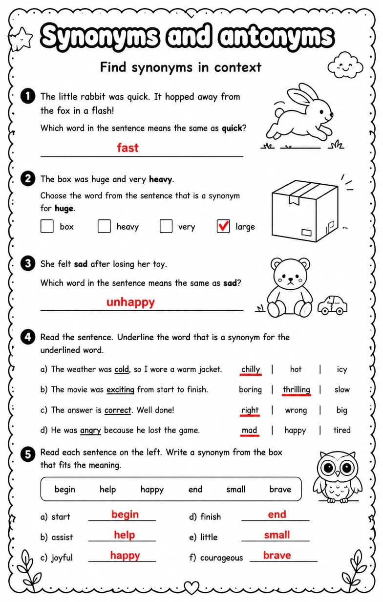 Answer key for Find synonyms in context — free printable English & Reading worksheet