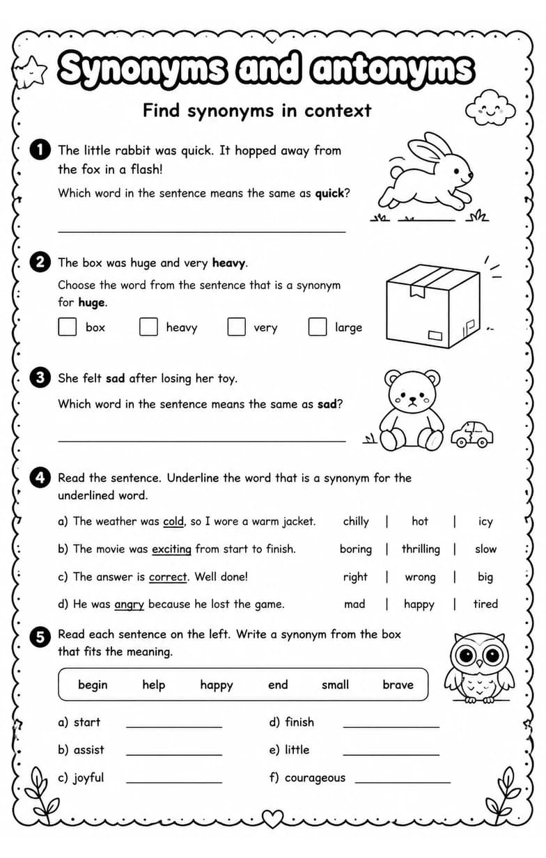 Find synonyms in context — free printable Grade 5 English & Reading worksheet