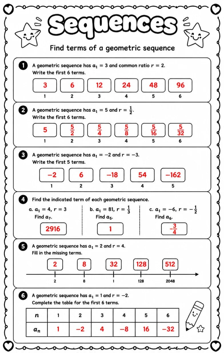 Answer key for Find terms of a geometric sequence — free printable Math worksheet