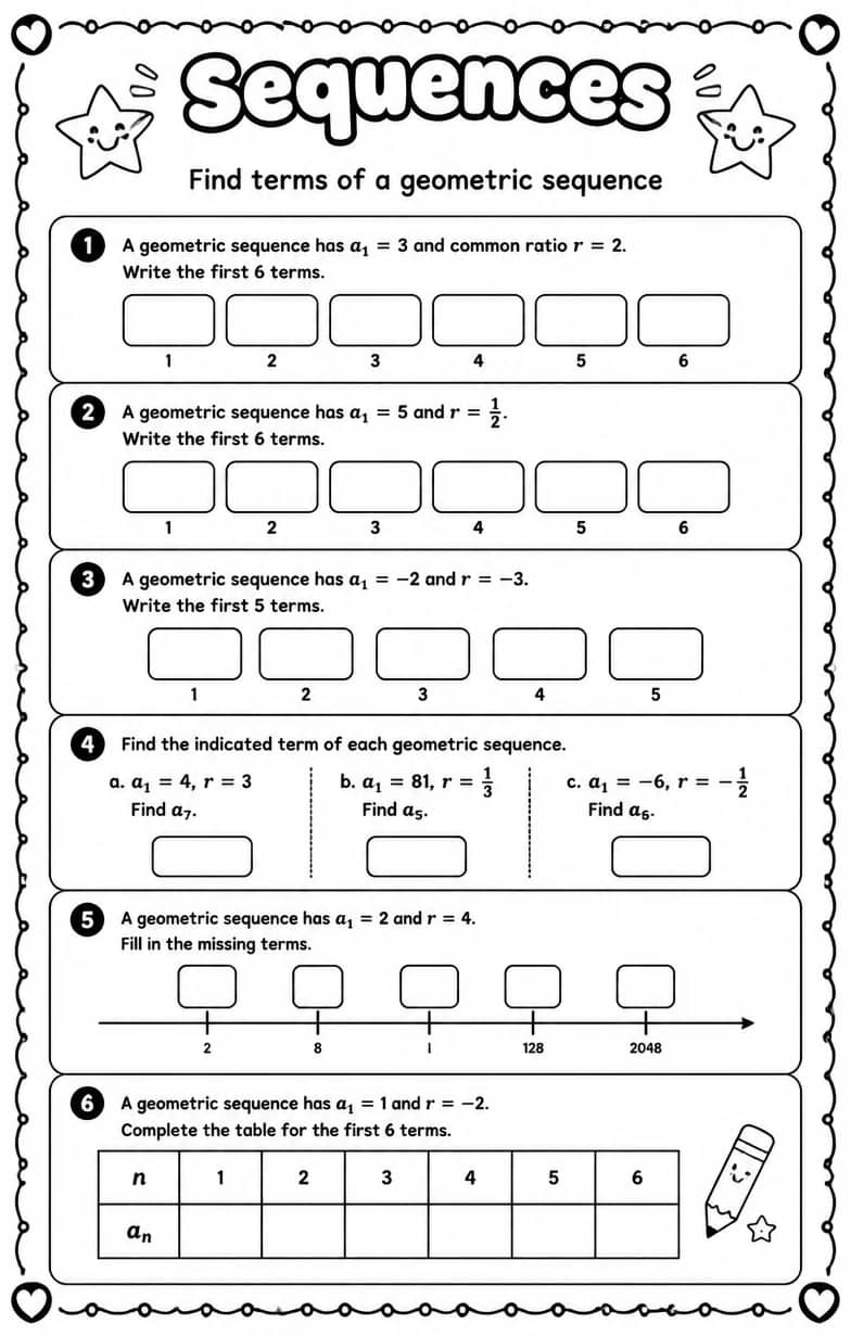 Find terms of a geometric sequence — free printable Algebra 2 math worksheet