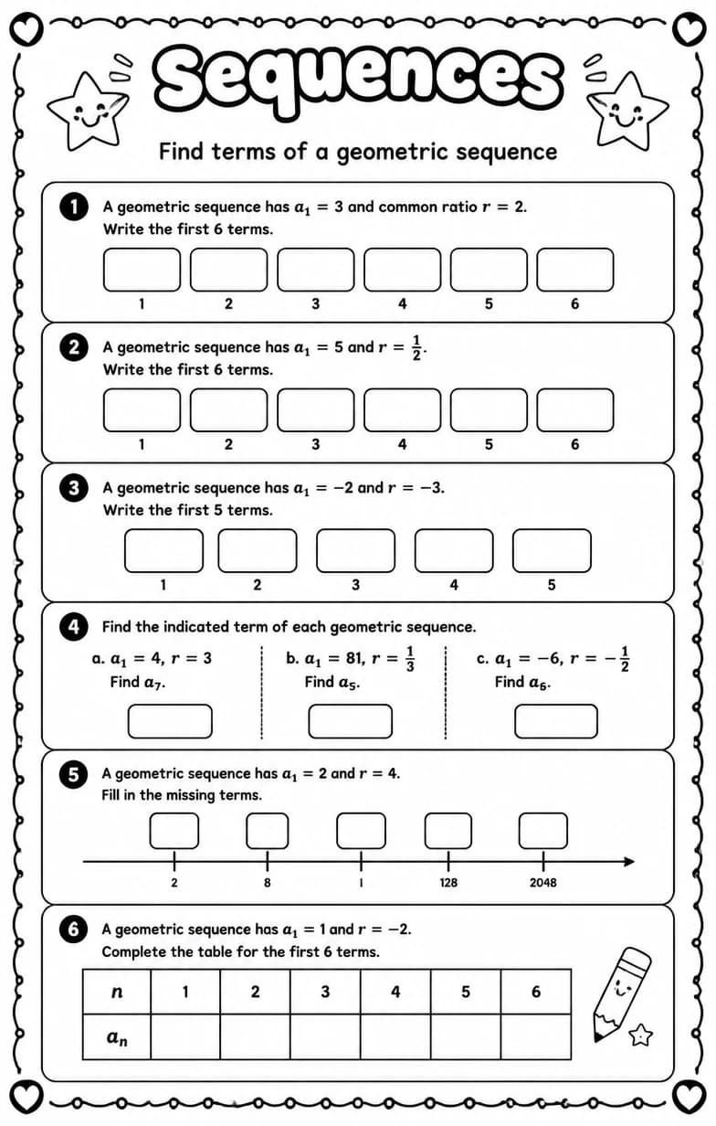 Find terms of a geometric sequence — free printable High School Math worksheet