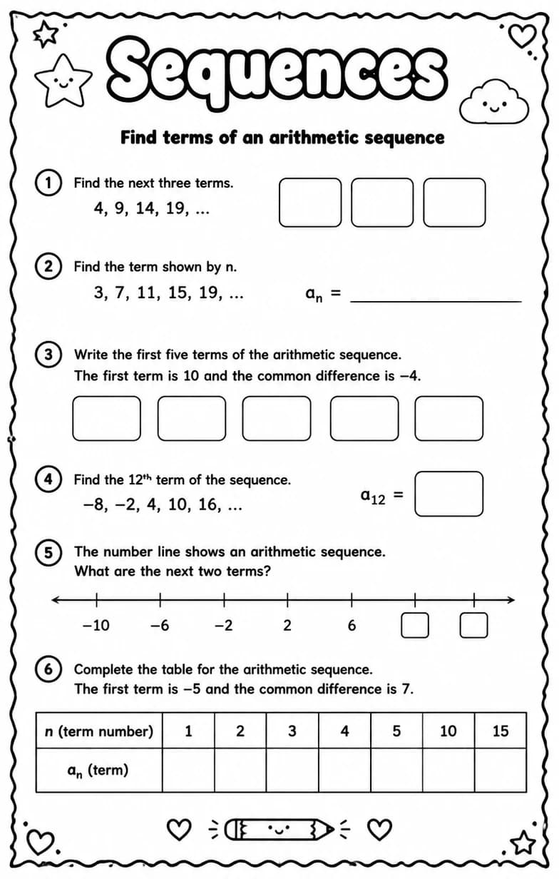 Find terms of an arithmetic sequence — free printable High School Math worksheet