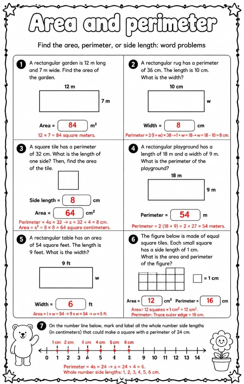 Answer key for Find the area, perimeter, or side length: word problems — free printable Math worksheet