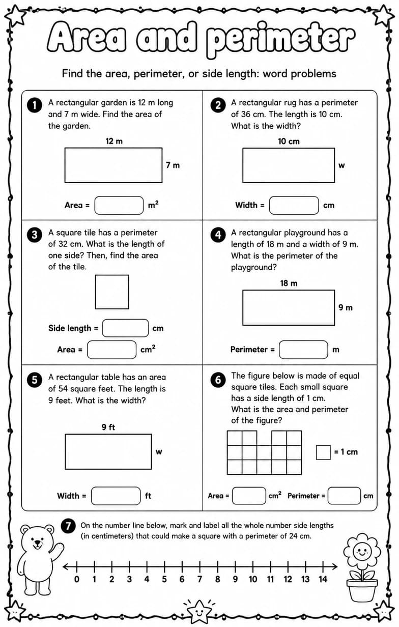 Find the area, perimeter, or side length: word problems — free printable Grade 3 math worksheet