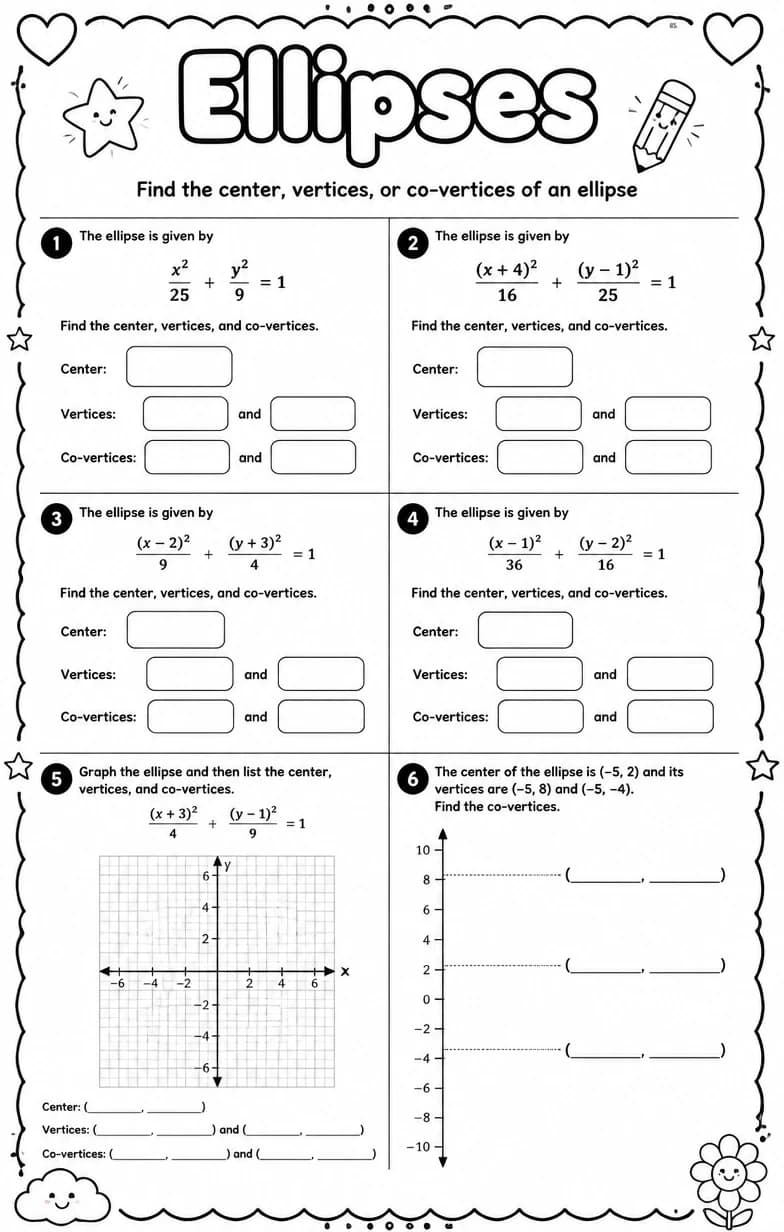 Find the center, vertices, or co-vertices of an ellipse — free printable Algebra 2 math worksheet
