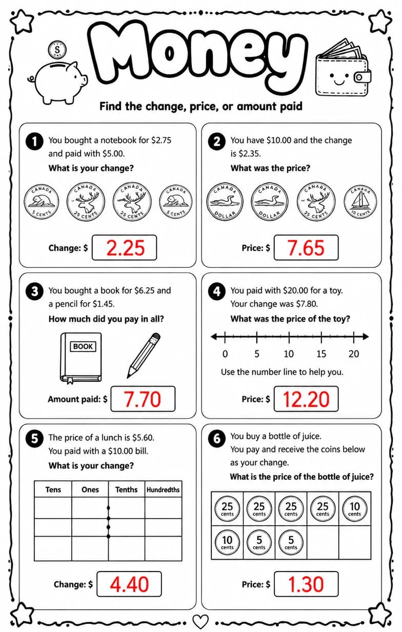 Answer key for Find the change, price, or amount paid — free printable Math worksheet