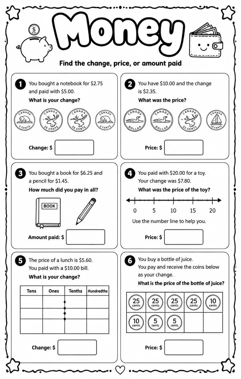 Find the change, price, or amount paid — free printable Grade 4 math worksheet