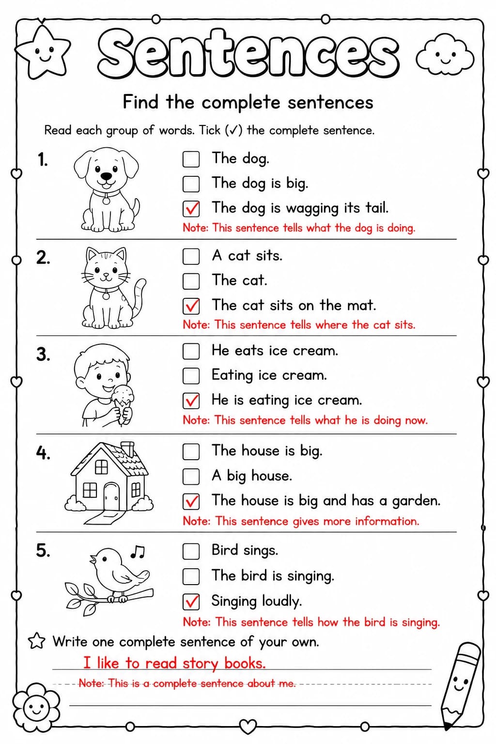 Answer key for Find the complete sentences — free printable English & Reading worksheet