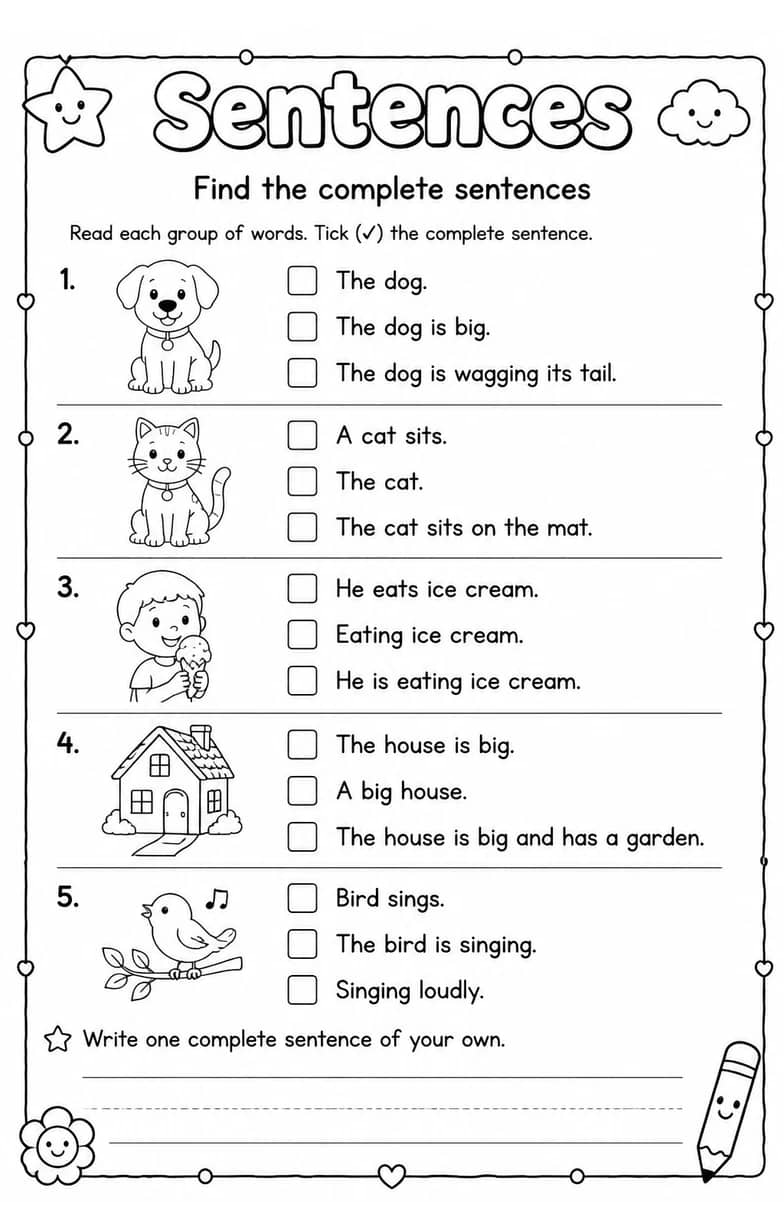 Find the complete sentences — free printable Grammar and mechanics English worksheet