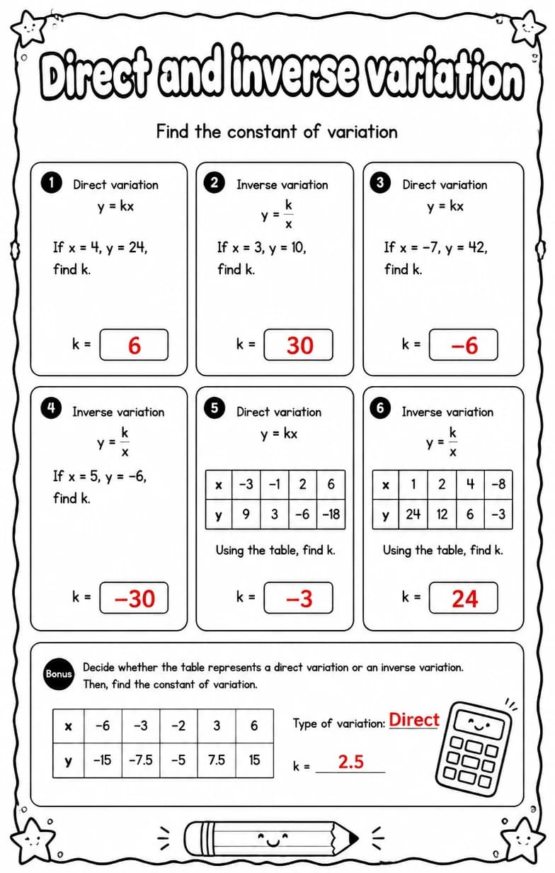 Answer key for Find the constant of variation — free printable Math worksheet