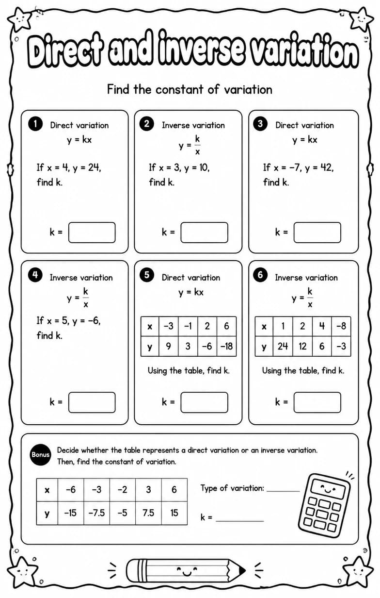 Find the constant of variation — free printable High School Math worksheet