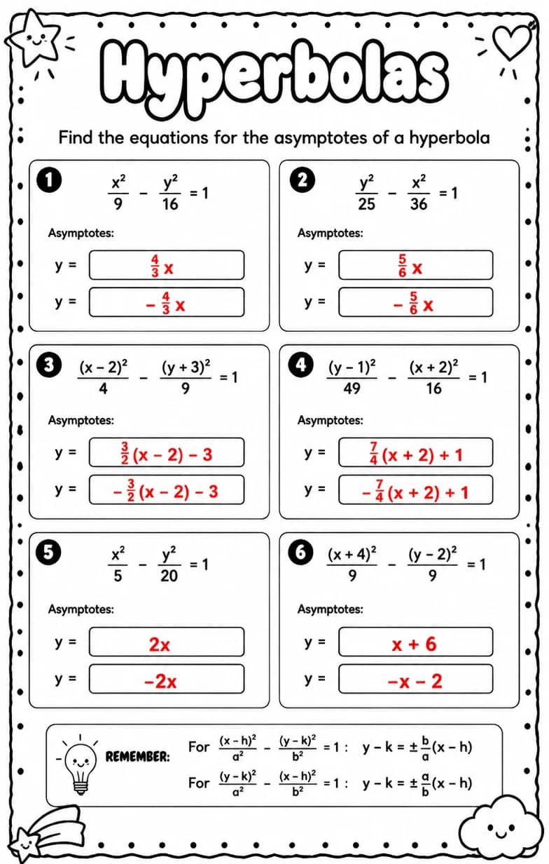 Answer key for Find the equations for the asymptotes of a hyperbola — free printable Math worksheet